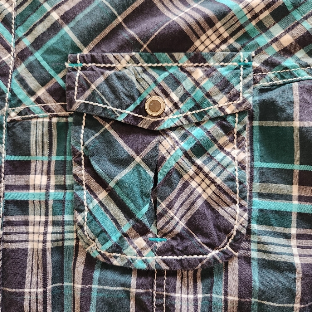 BKE Western Teal & Navy Plaid Slim Fit Stretch Pearl Snap Size Large - Picture 3 of 10
